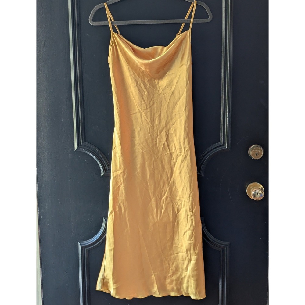Vtg Y2K Bebe Yellow Gold Satin Slip Dress‎ Sz XS Midi Cowl Neck Minimalist Fairy